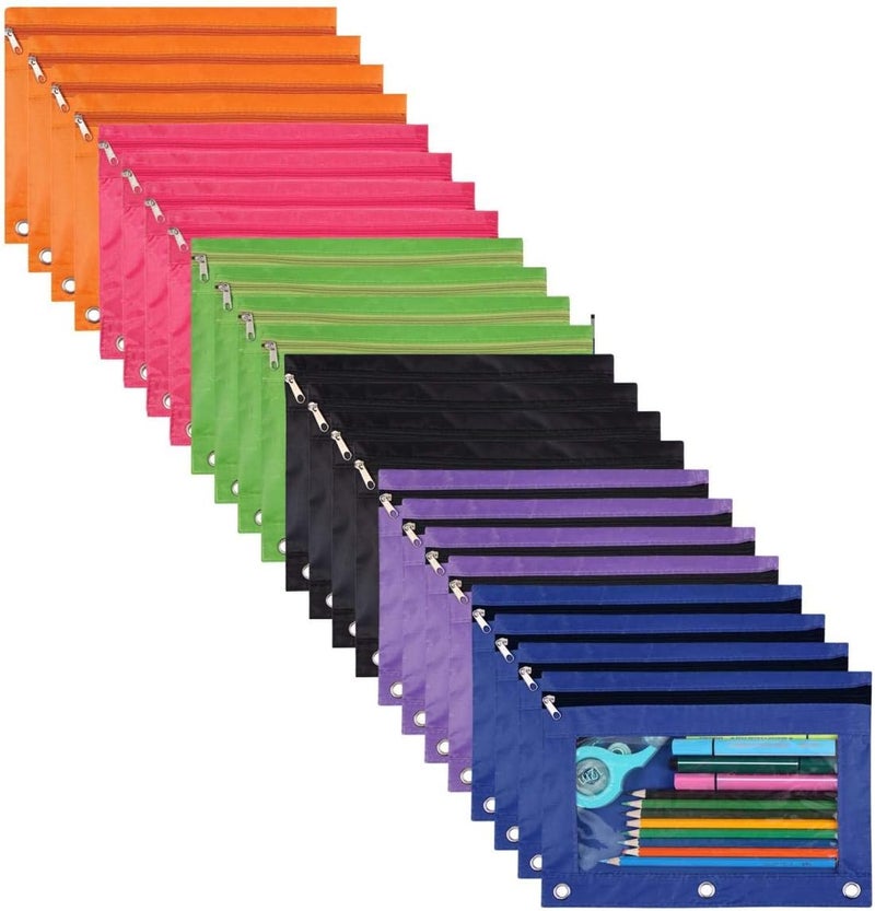 WODISON 24-Packs 3 Ring Pencil Pouch, Binder Pouches with 3 Hole, Bulk Zipper Pencil Case Suitable for Class, School, Office(6 Colors) - Image 1